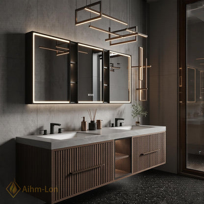 60''-96'' Double Bathroom Vanity with Sink Floating Vanity Open Shelving Fluted Glass