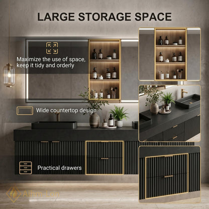 60''-96'' Double Bathroom Vanity with Sink Modern Dark Charcoal Ribbed Panels Mirror Storage