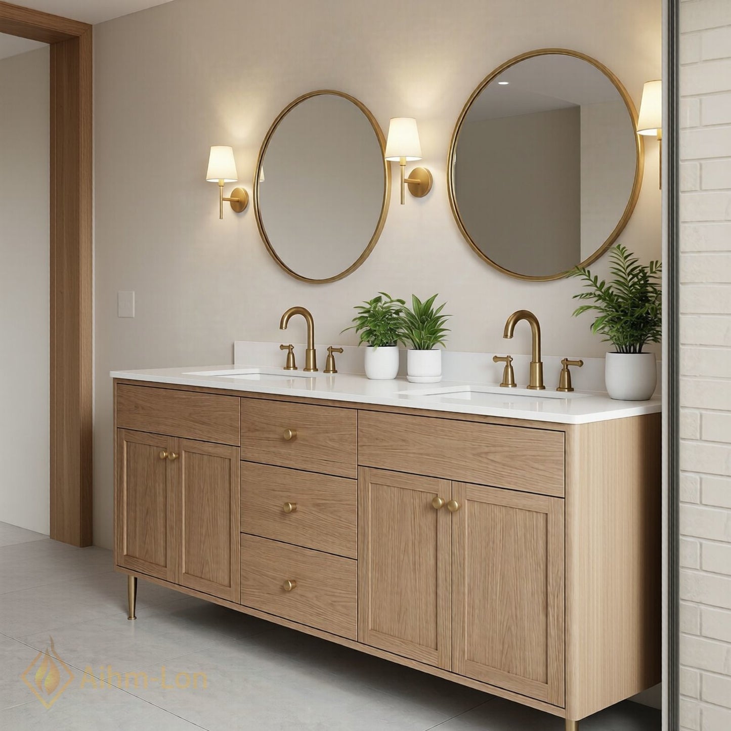 70''-96'' Modern Bathroom Vanity with Sink Double Sink Solid Wood Legs Round Mirrors