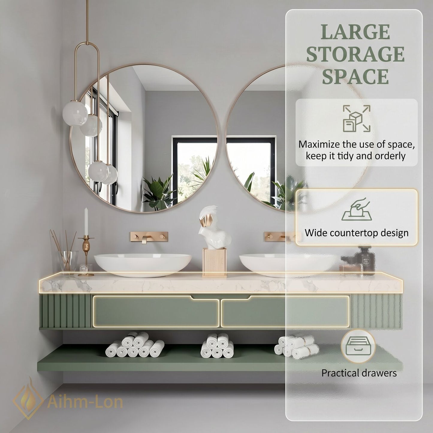 60''-96'' Double Bathroom Vanity with Sink Marble-look Countertop Separate Drawers Shelf