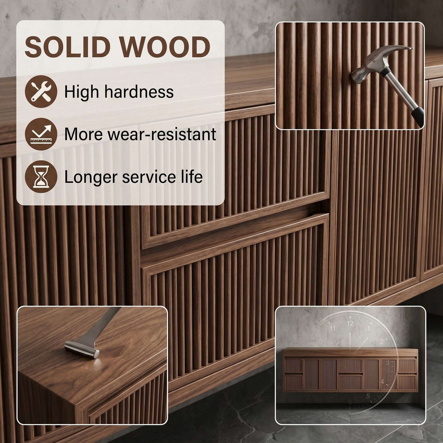60''-96'' Modern Bathroom Vanity with Sink Double Sink Grey Marble Slatted Doors Cabinet