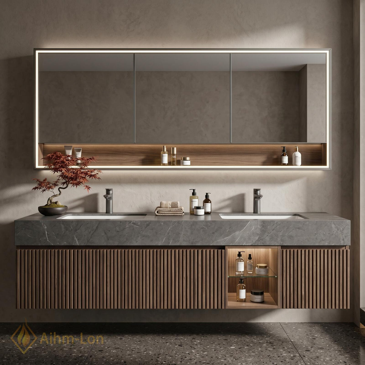 60''-96'' Double Bathroom Vanity with Sink Vertical Slats Stone Countertop Mirror Cabinet