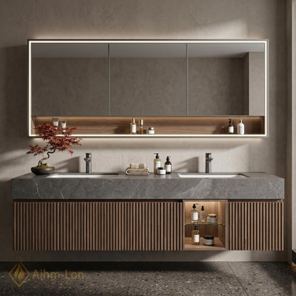 60''-96'' Double Bathroom Vanity with Sink Vertical Slats Stone Countertop Mirror Cabinet