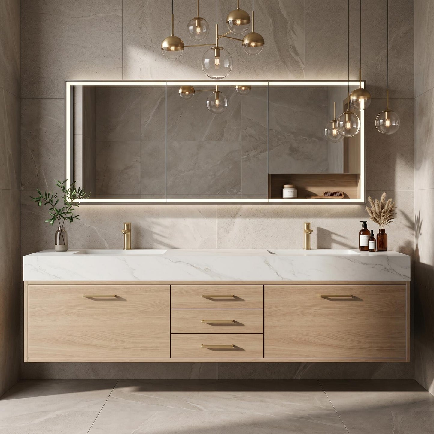 60''-96'' Modern Bathroom Vanity with Sink Double Sink Light Oak Finish Wide Countertop Cabinet