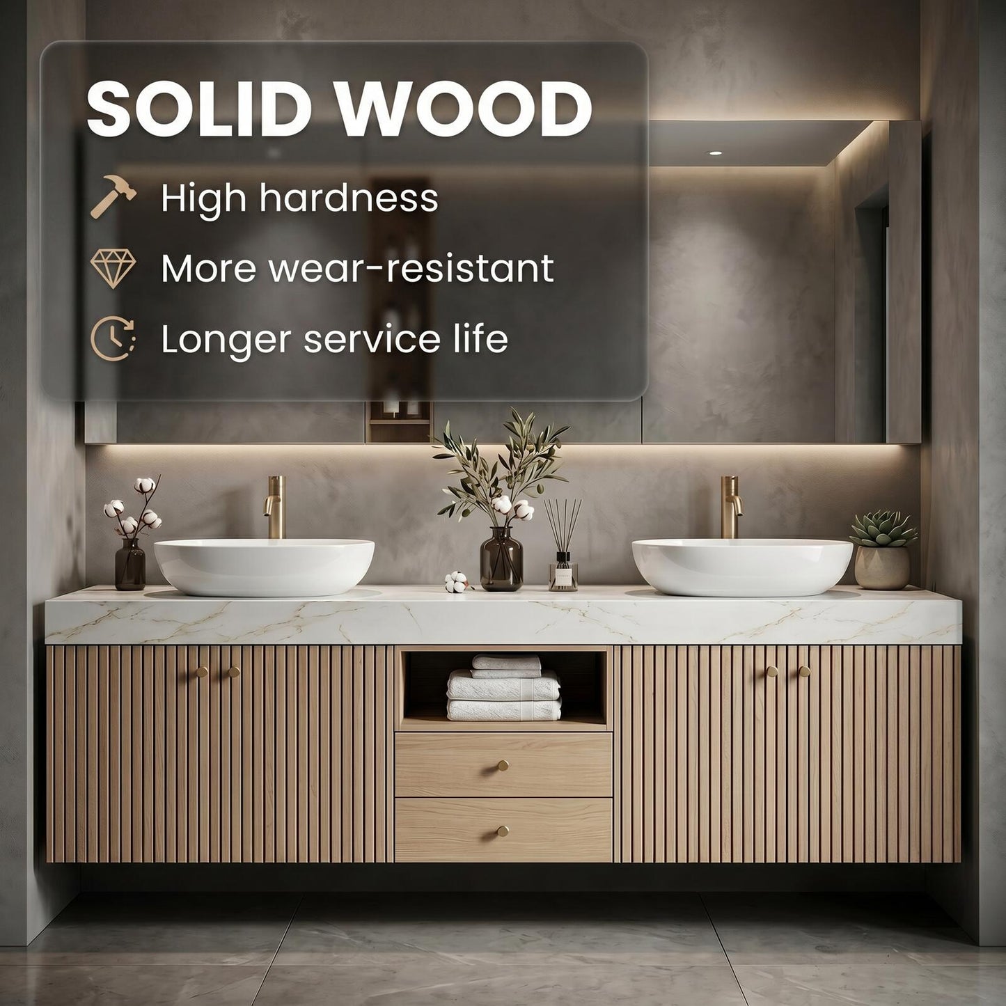 60''-96'' Modern Bathroom Vanity with Sink Double Sink Light Oak Veneer Slatted Niche Cabinet