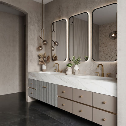 78''-96'' Double Bathroom Vanity with Sink Ribbed Panels White Marble Glass Mirror Cabinet