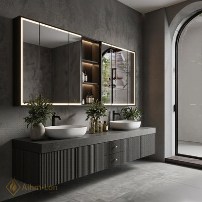 60''-96'' Modern Bathroom Vanity with Sink Floating Grey Slatted Stone Composite Drawers