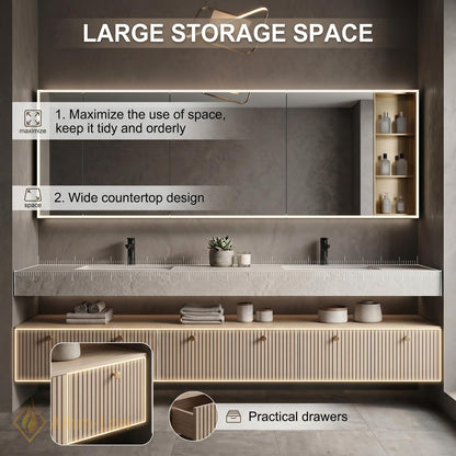 60''-96'' Floating Bathroom Vanity with Sink Slatted Doors Stone-Like Top Open Shelving