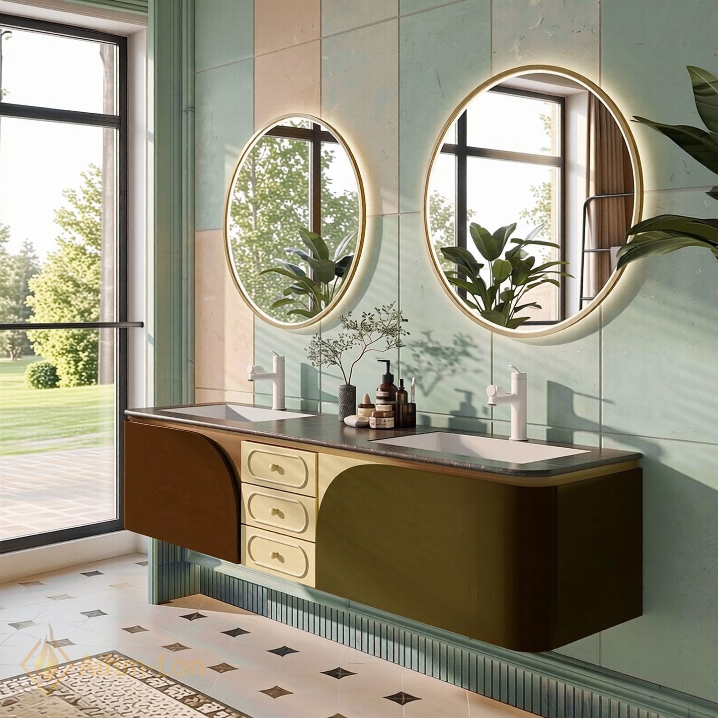 60''-96'' Double Bathroom Vanity with Sink Curved Doors Matte Metallic Cabinet Drawers