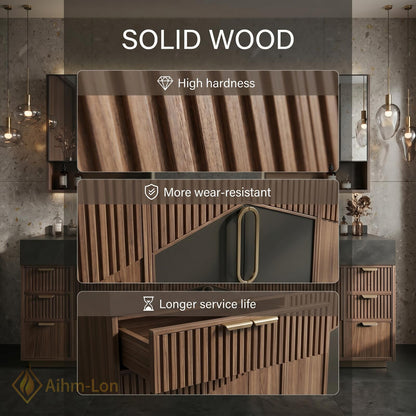 60''-96'' Double Bathroom Vanity with Sink Dark Stone Slatted Wood Panels Shelving
