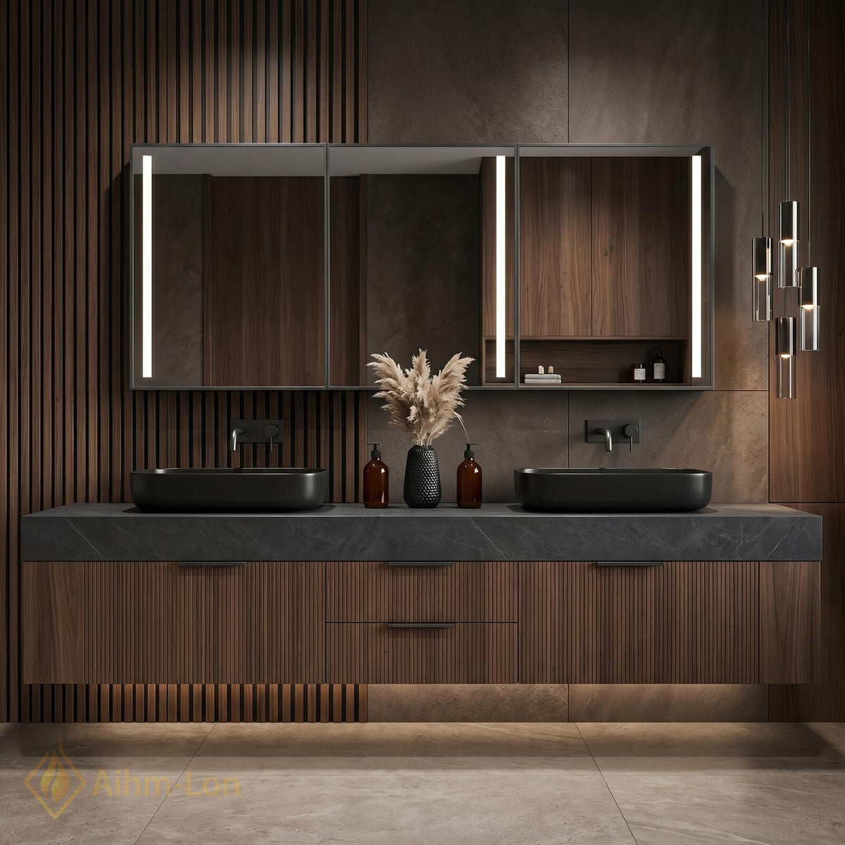 60''-96'' Double Bathroom Vanity with Sink Dark Grey Stone Top Slatted Front