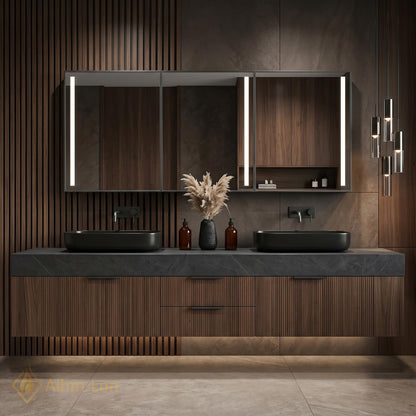 60''-96'' Double Bathroom Vanity with Sink Dark Grey Stone Top Slatted Front