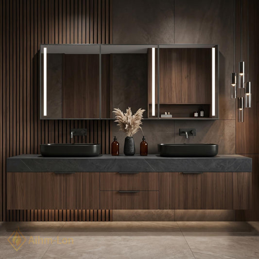 60''-96'' Double Bathroom Vanity with Sink Dark Grey Stone Top Slatted Front