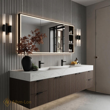 60''-96'' Double Bathroom Vanity with Sink Modern Floating Dark Walnut Slatted Storage