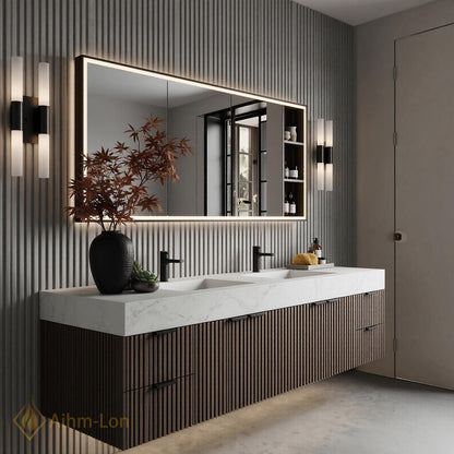 60''-96'' Double Bathroom Vanity with Sink Modern Floating Dark Walnut Slatted Storage