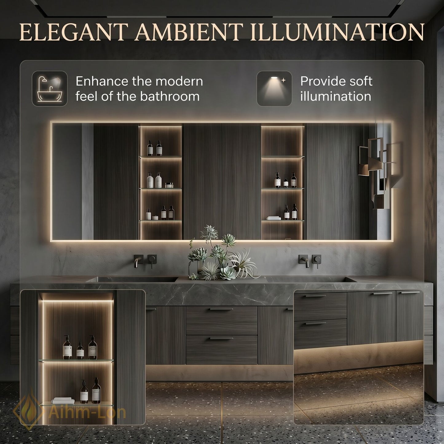 78''-96'' Double Bathroom Vanity with Sink Grey-Marble Grey Floating Wood-Grain Frame Dark
