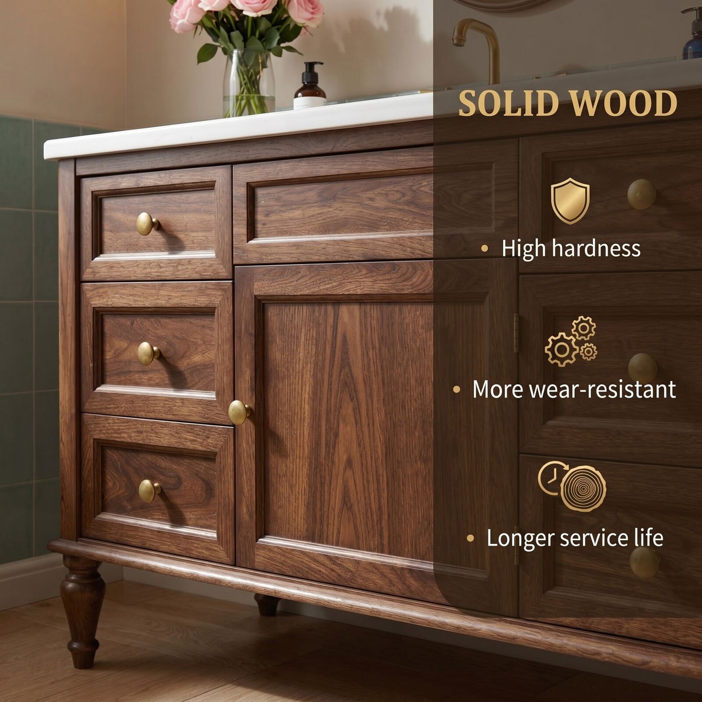 50''-64'' Classic Bathroom Vanity with Sink Single Chestnut White Marble Spacious Drawers Cabinet