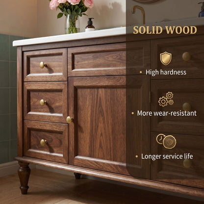 50''-64'' Classic Bathroom Vanity with Sink Single Chestnut White Marble Spacious Drawers Cabinet