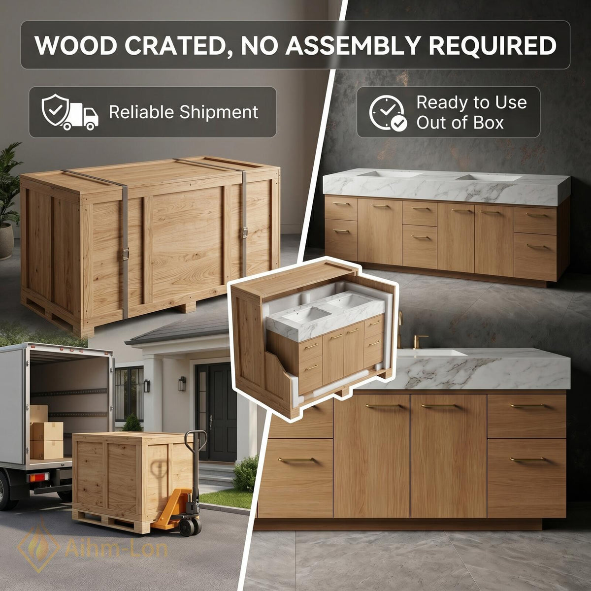 60''-96'' Double Bathroom Vanity with Sink Modern White Marble Warm Oak Wood Finish
