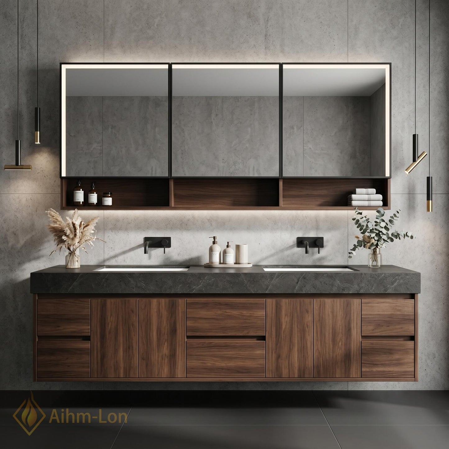 60''-96'' Double Bathroom Vanity with Sink Modern Floating Walnut Wood Grain Finish