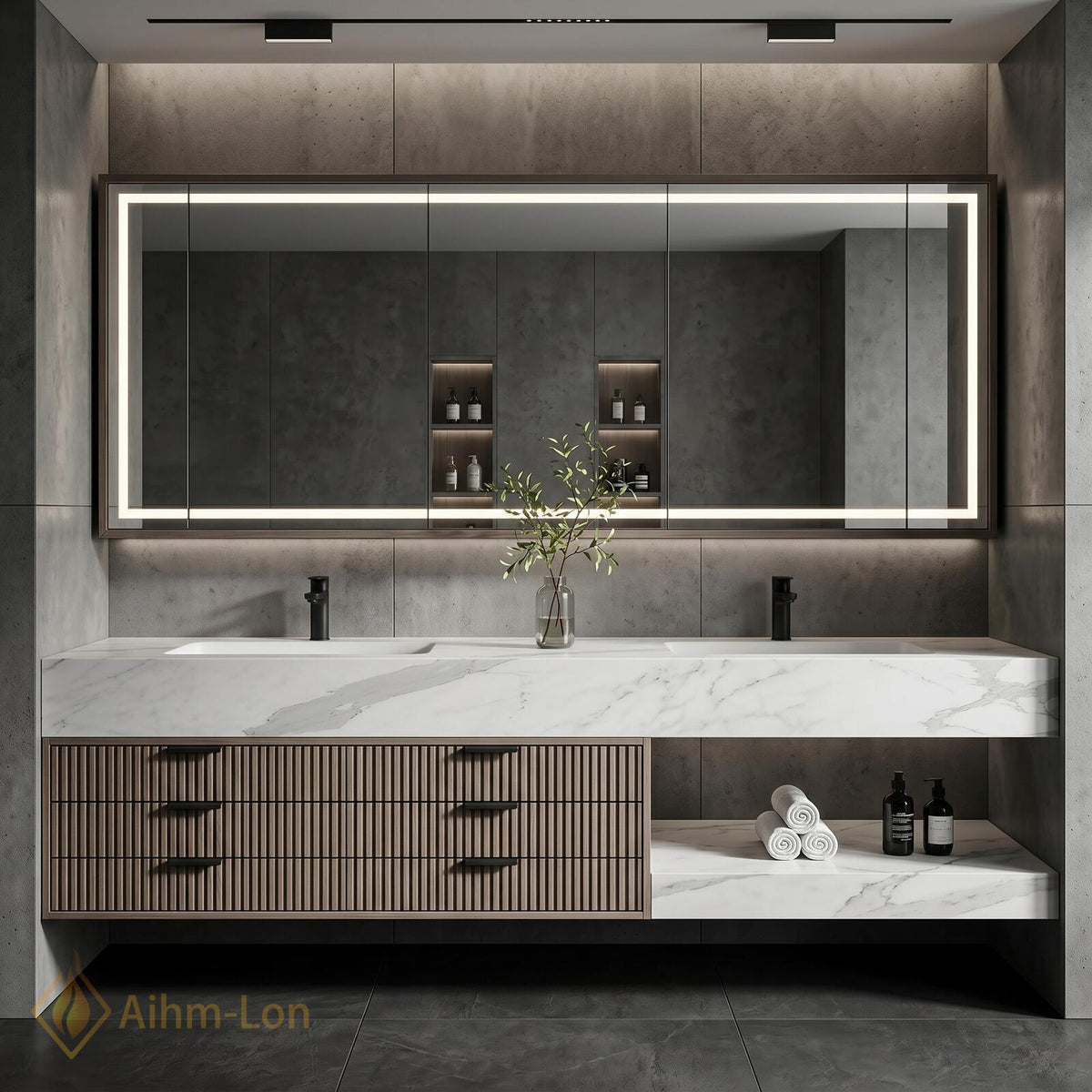 60''-96'' Double Bathroom Vanity with Sink Grey Stone Effect Vertical Slatted Panels