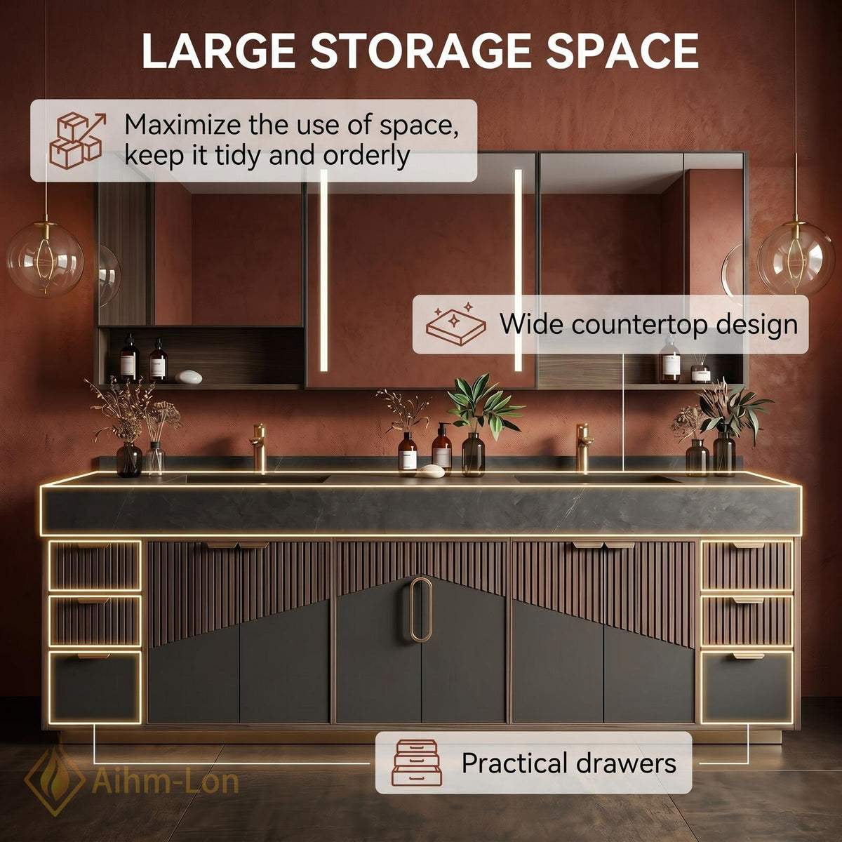 60''-96'' Double Bathroom Vanity with Sink Slatted Lower Panel Dark Wood Grain