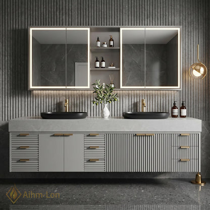 76''-96'' Bathroom Vanity with Sink Floating Double Grey Stone Top Ribbed Doors
