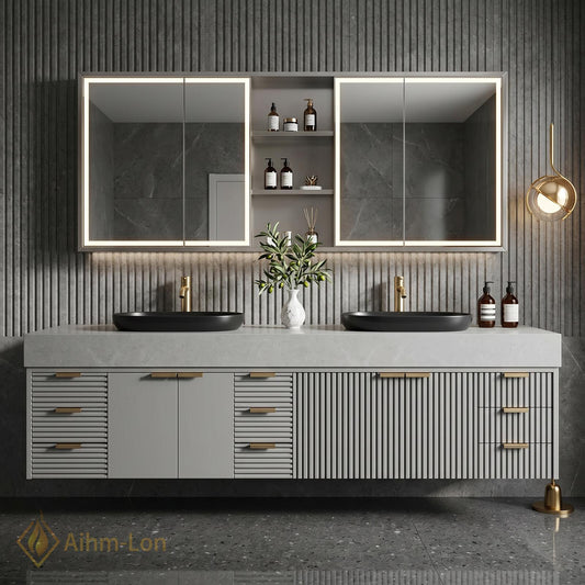 76''-96'' Bathroom Vanity with Sink Floating Double Grey Stone Top Ribbed Doors