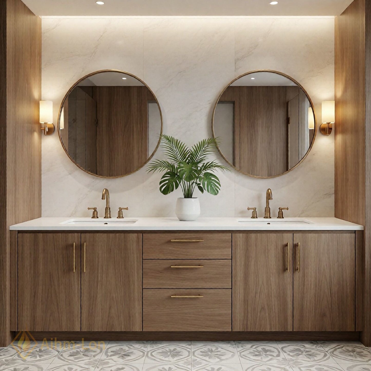 60''-96'' Double Bathroom Vanity with Sink Wide Countertop Wood Grained Finish Drawer