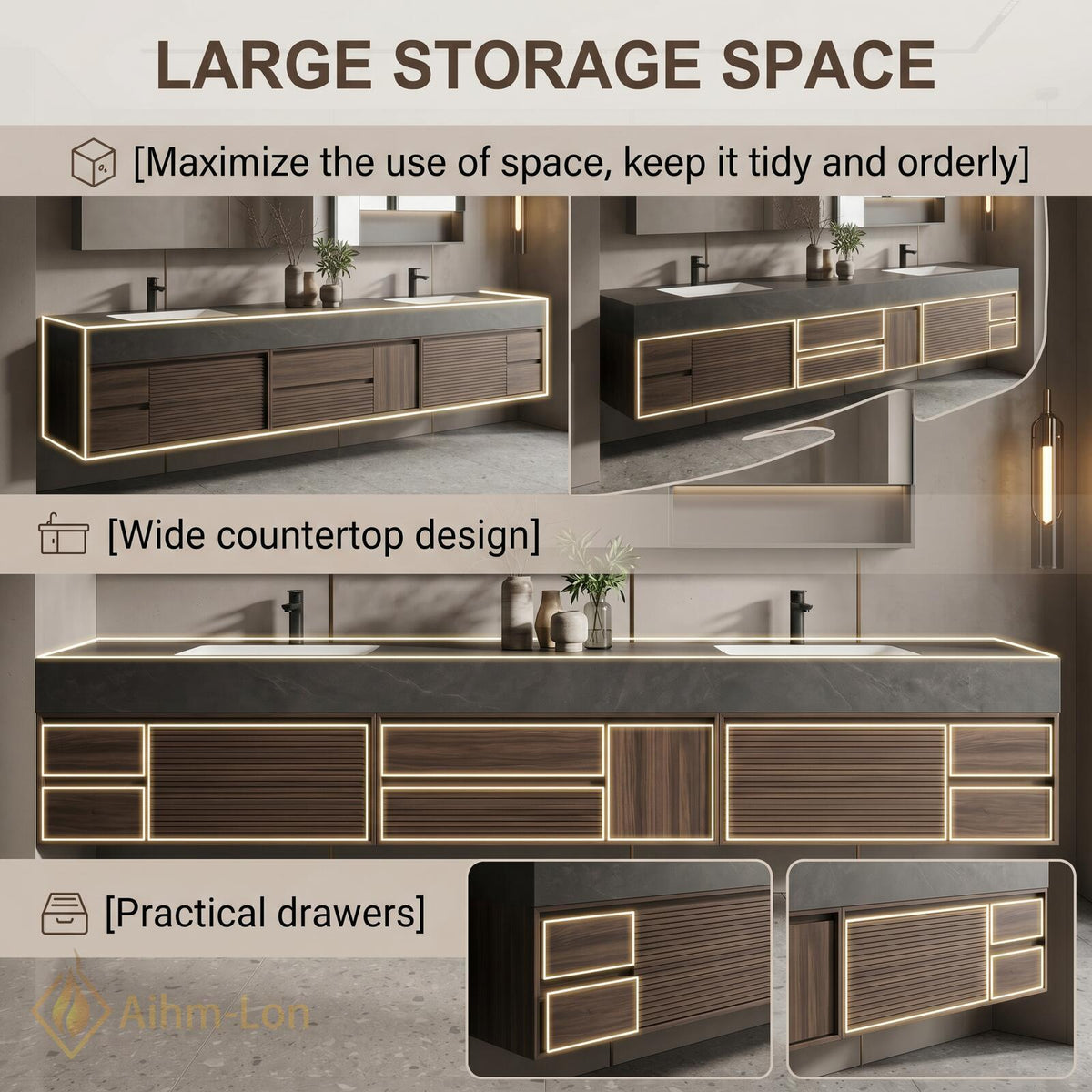 60''-96'' Double Bathroom Vanity with Sink Slatted Drawers Walnut Finish Warm Walnut