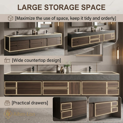 60''-96'' Double Bathroom Vanity with Sink Slatted Drawers Walnut Finish Warm Walnut