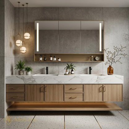 60''-96'' Bathroom Vanity with Sink Modern Floating Marble Top Light Wood Frame
