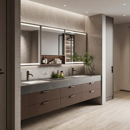 60''-96'' Modern Bathroom Vanity with Sink Double Sink Ribbed Wood Dark Stone Drawers Cabinet