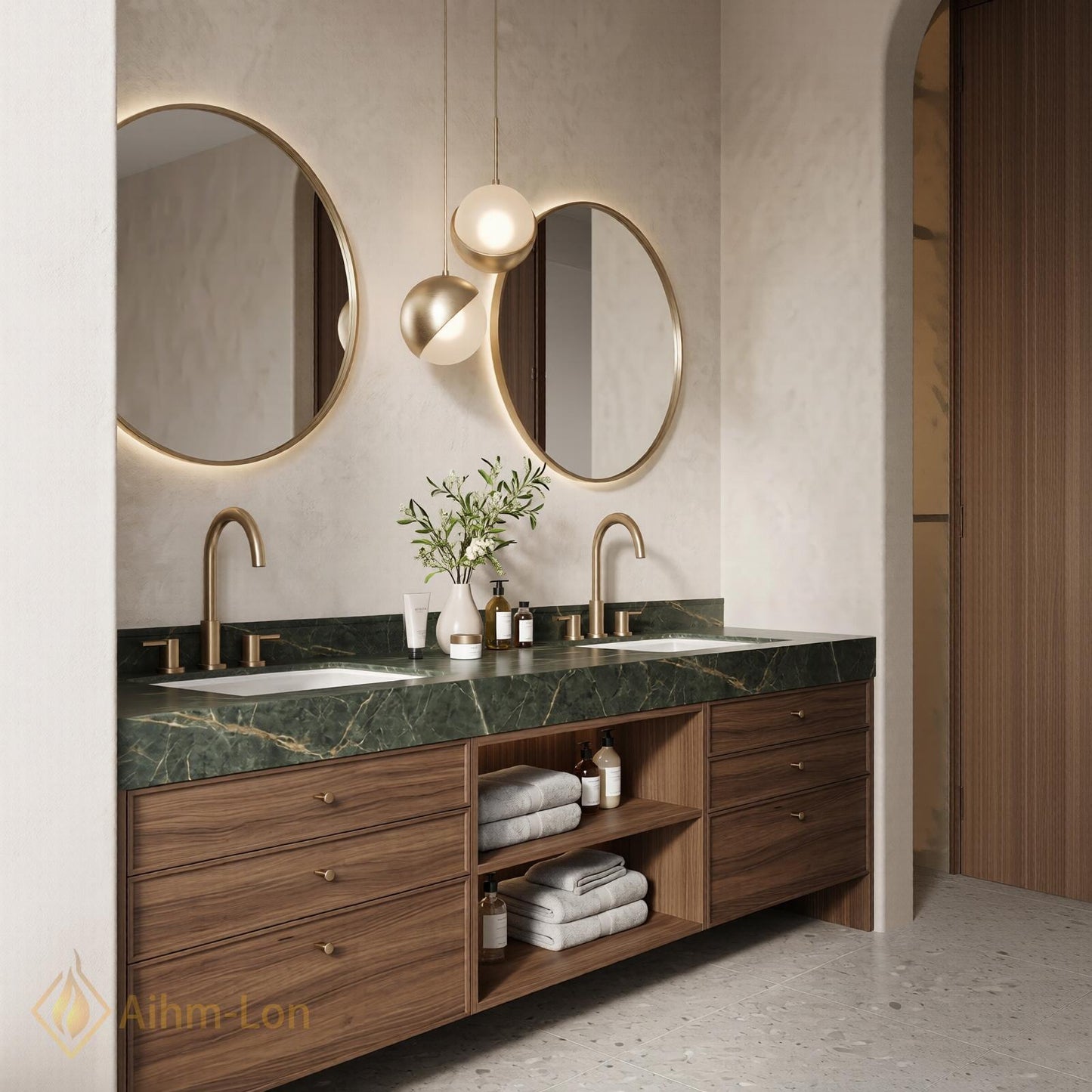 60''-96'' Double Bathroom Vanity with Sink Dark-Walnut Green Floating Open Stone