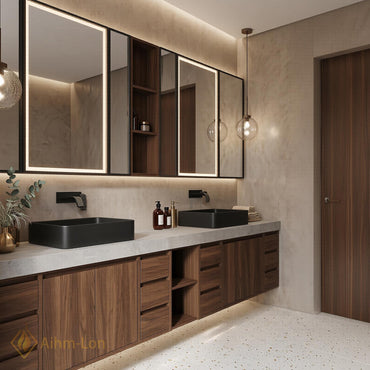 60''-96'' Double Bathroom Vanity with Sink Floating Dark Walnut Spacious Open Shelving