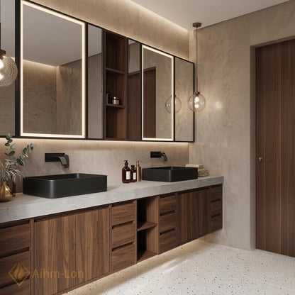 60''-96'' Double Bathroom Vanity with Sink Floating Dark Walnut Spacious Open Shelving