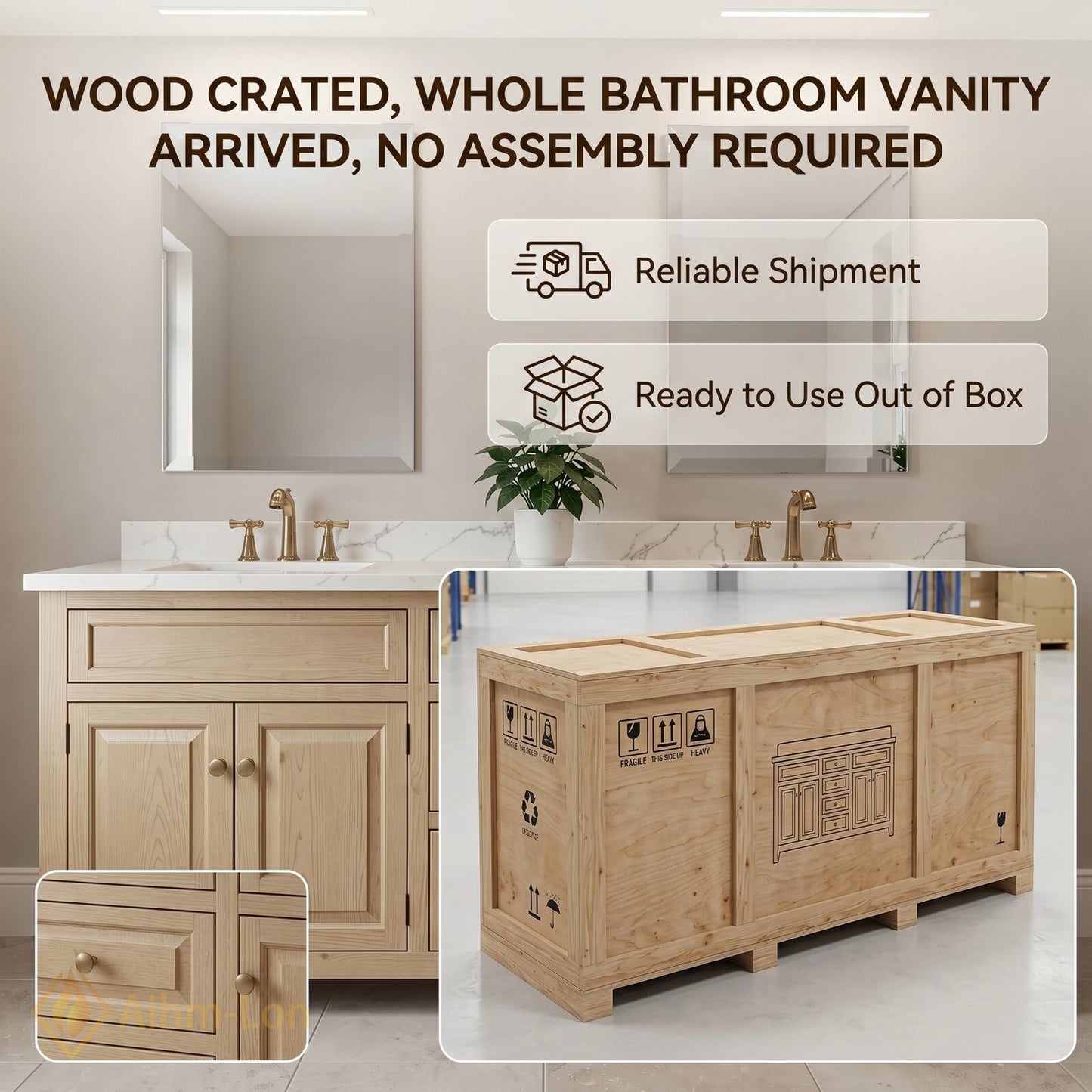 76''-96'' Modern Bathroom Vanity with Sink Light Oak White Marble Deep Drawers