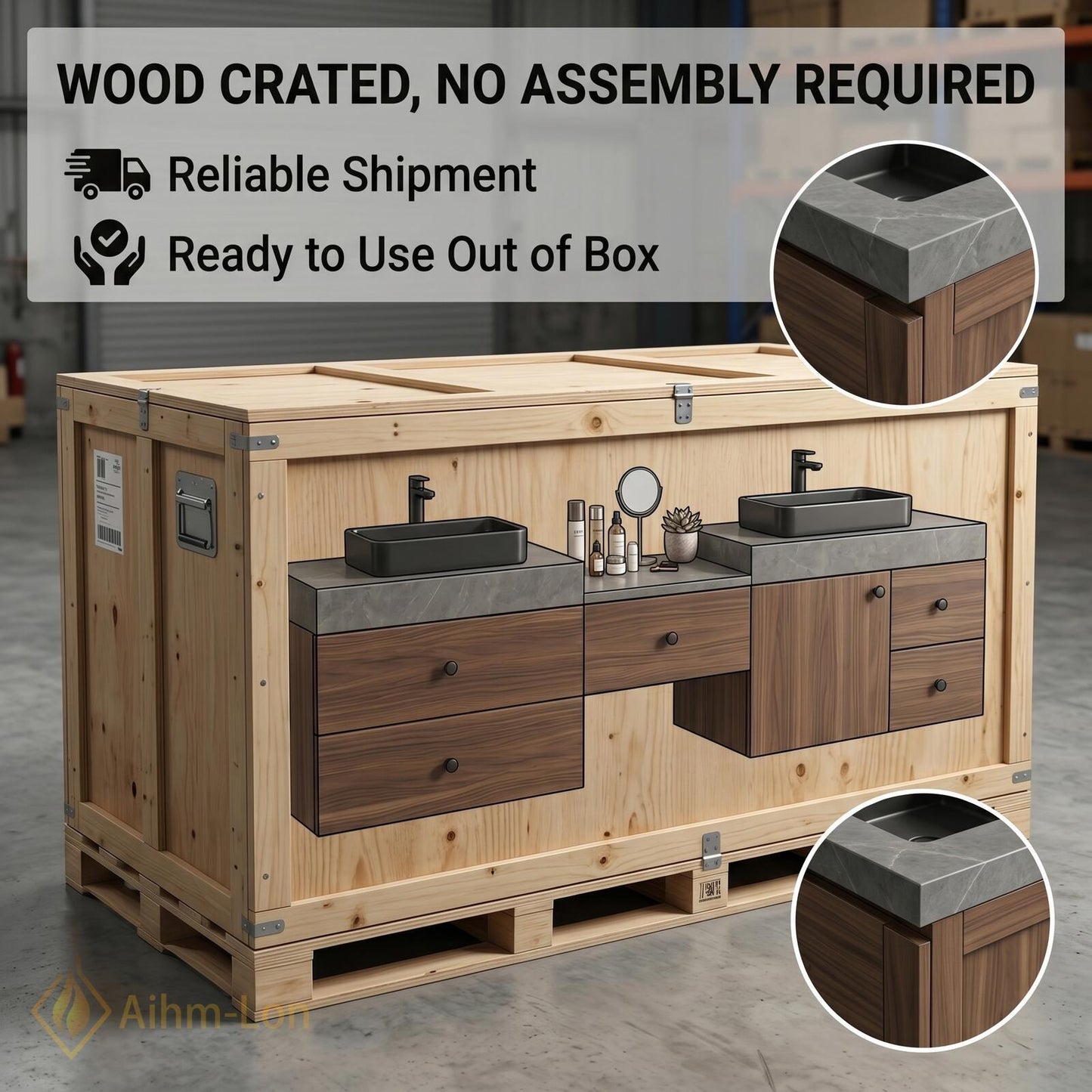 60''-96'' Double Bathroom Vanity with Sink Dark-Wood Modern Floating Grain Slatted