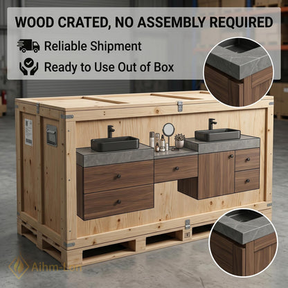 60''-96'' Double Bathroom Vanity with Sink Dark-Wood Modern Floating Grain Slatted