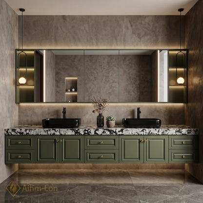 60''-96'' Double Bathroom Vanity with Sink Dark Olive Green Finish Slatted Front