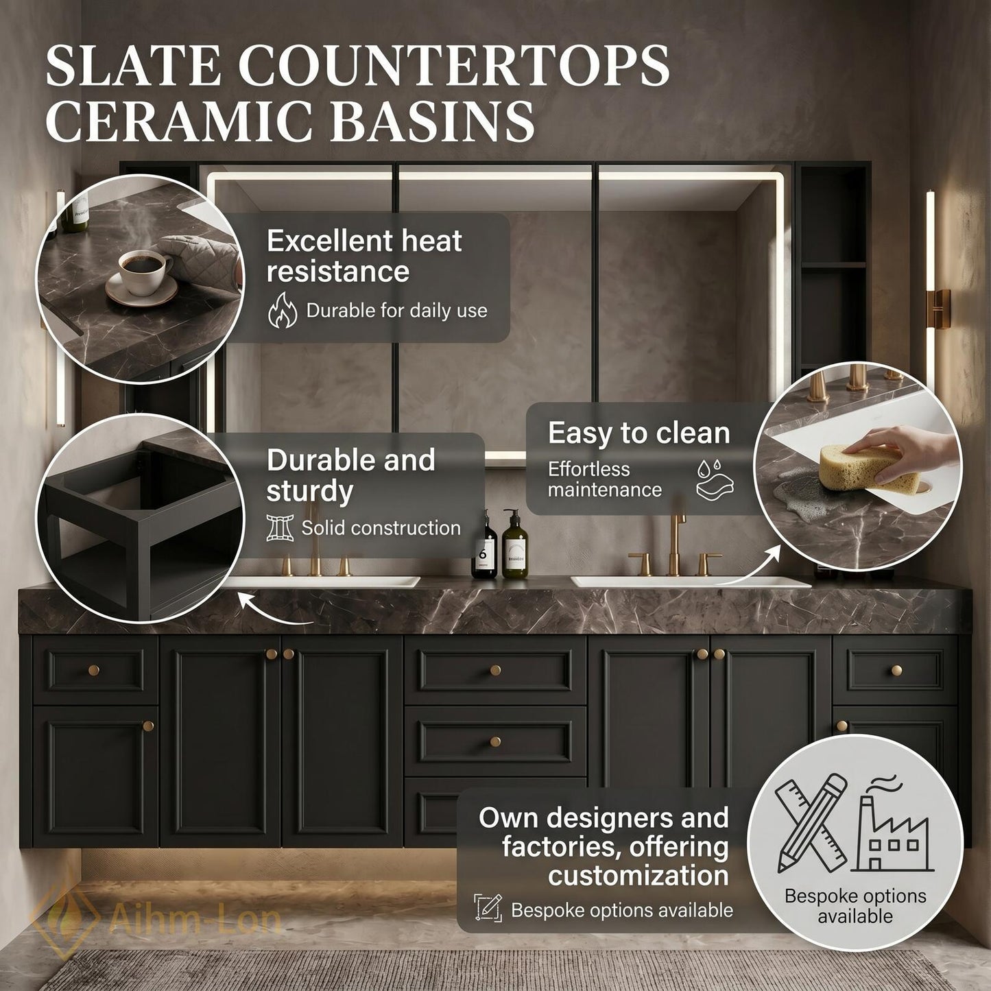 78''-96'' Double Bathroom Vanity with Sink Floating Dark Marble Top Brass Hardware