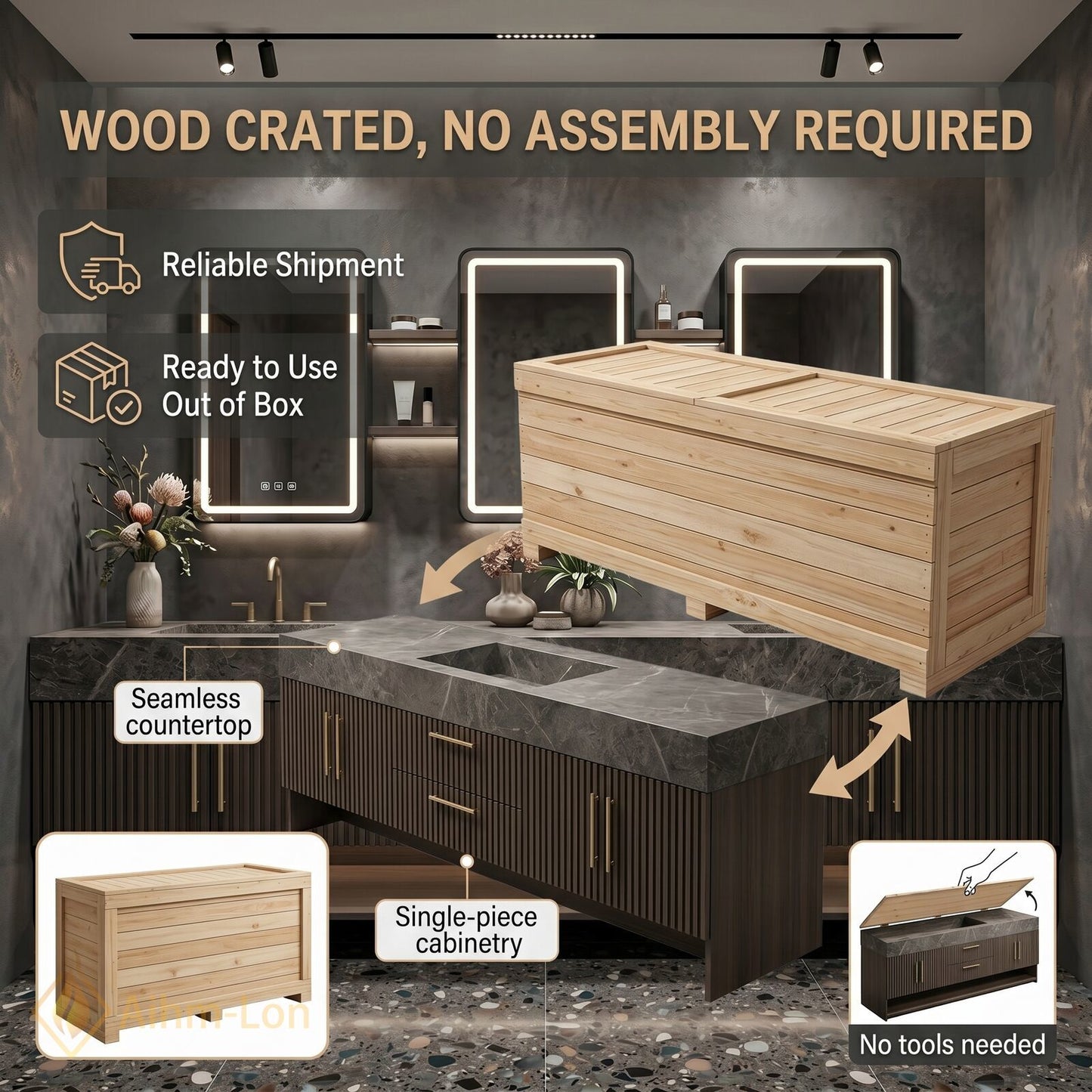 78''-96'' Double Bathroom Vanity with Sink Vertical Slat Wood Panels Dark Marble