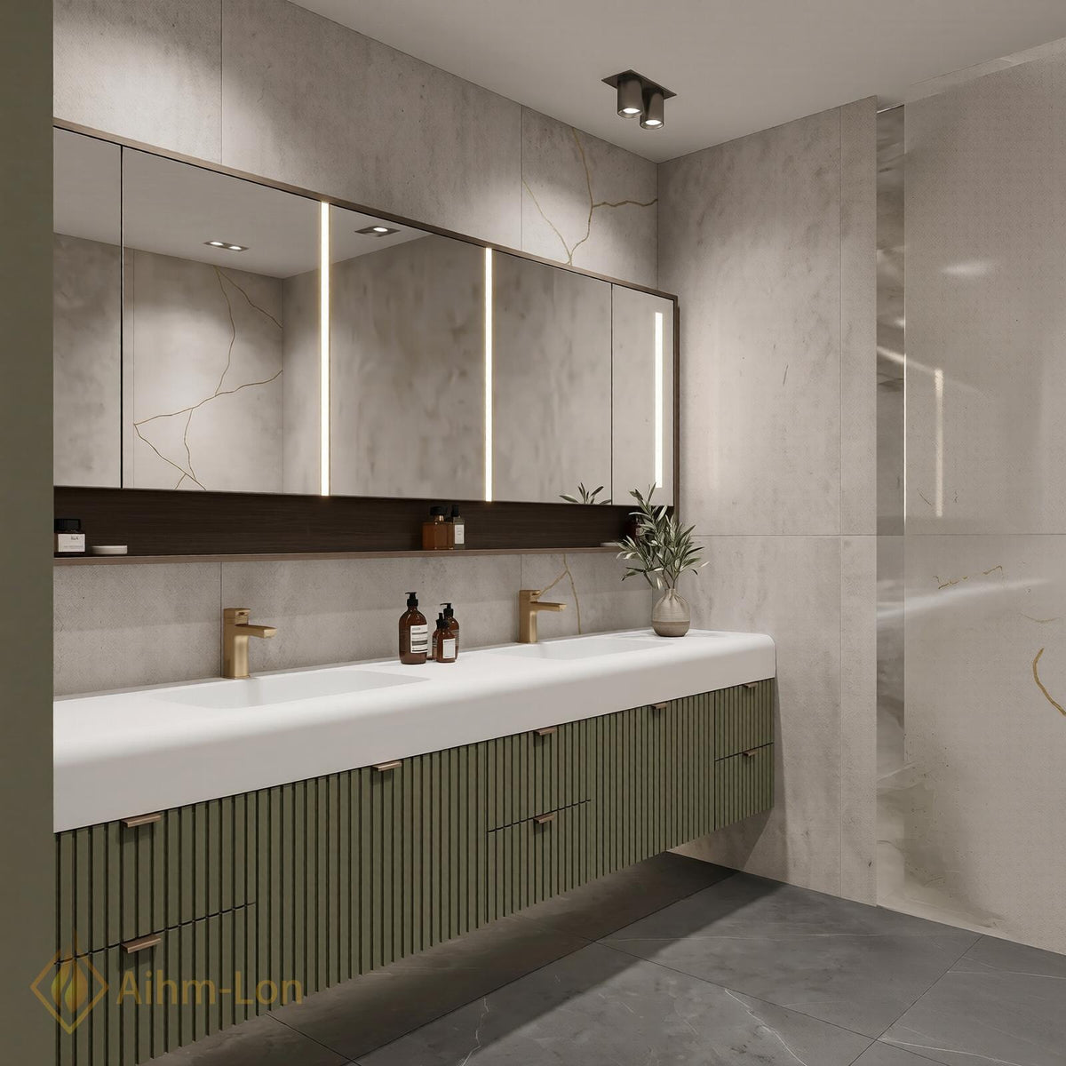 60''-96'' Double Bathroom Vanity with Sink Modern Floating Matte Green Fluted Front