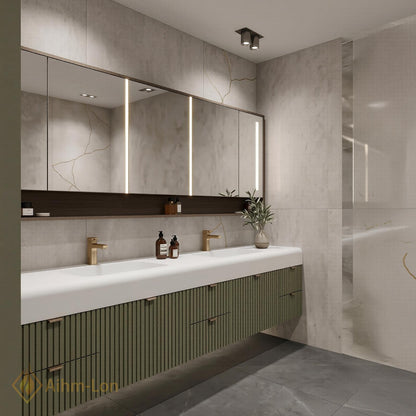 60''-96'' Double Bathroom Vanity with Sink Modern Floating Matte Green Fluted Front