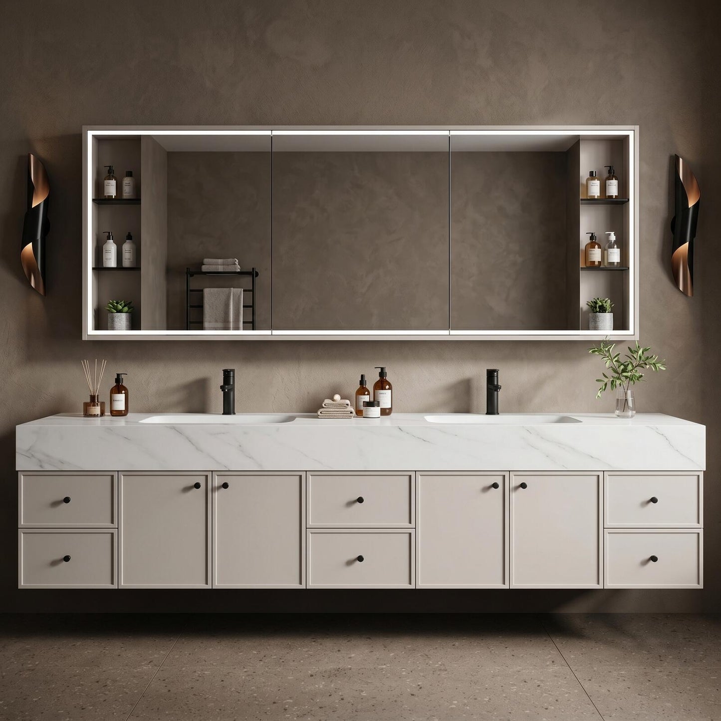 70''-96'' Modern Bathroom Vanity with Sink Double Sink Soft Grey Large Mirror Cabinet