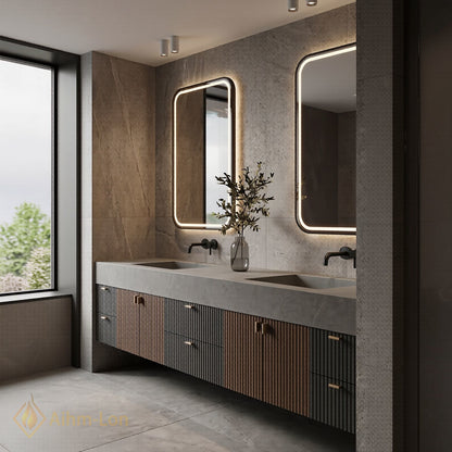76''-96'' Double Bathroom Vanity with Sink Modern Wood-Grain Slatted Illuminated Anti Fog