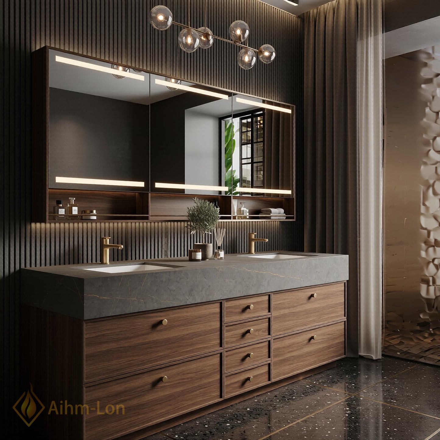 70''-96'' Modern Double Bathroom Vanity with Sink Floating Warm Walnut Grain Stack