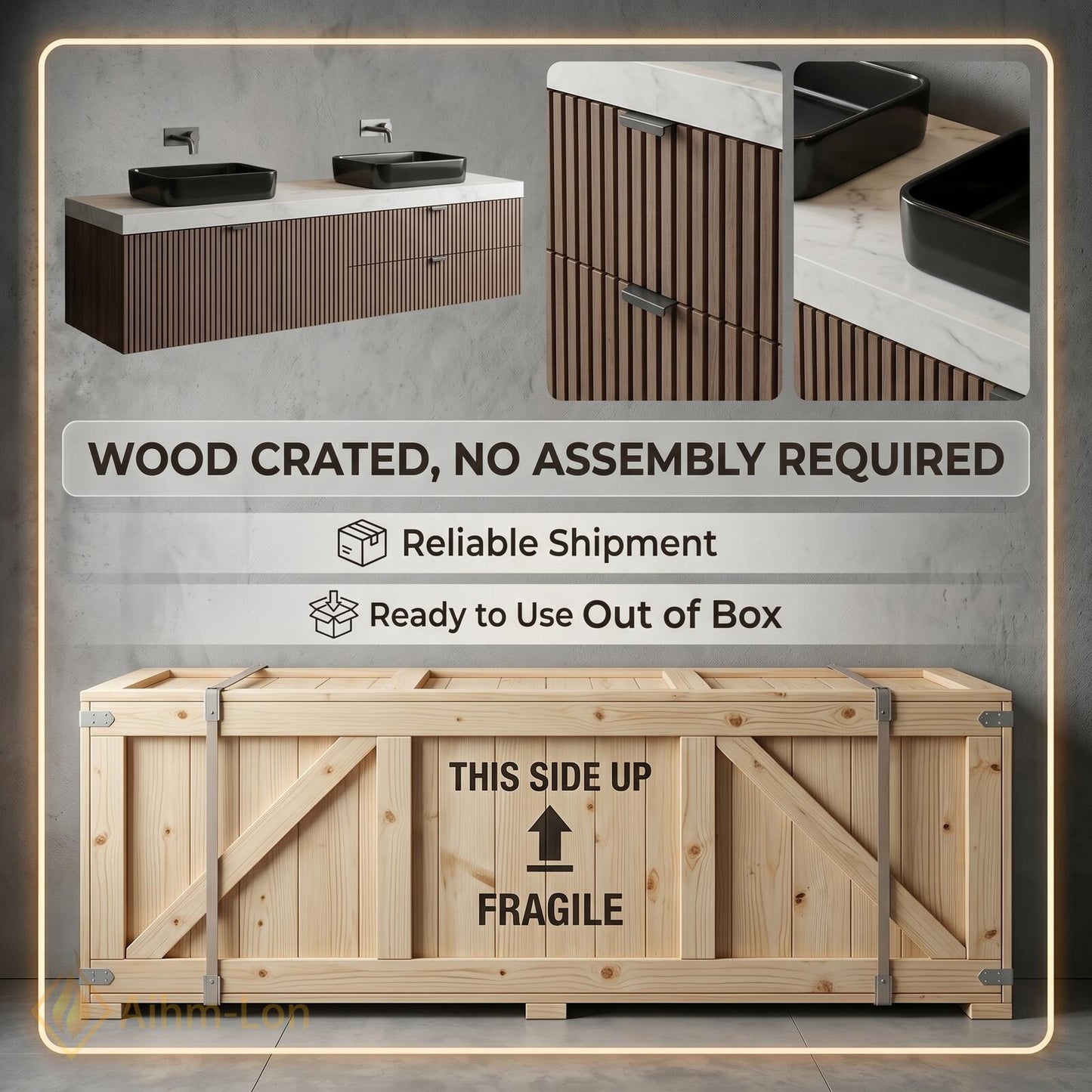 60''-96'' Double Bathroom Vanity with Sink White Modern Floating Slatted Top Front