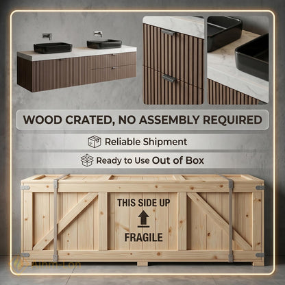 60''-96'' Double Bathroom Vanity with Sink White Modern Floating Slatted Top Front