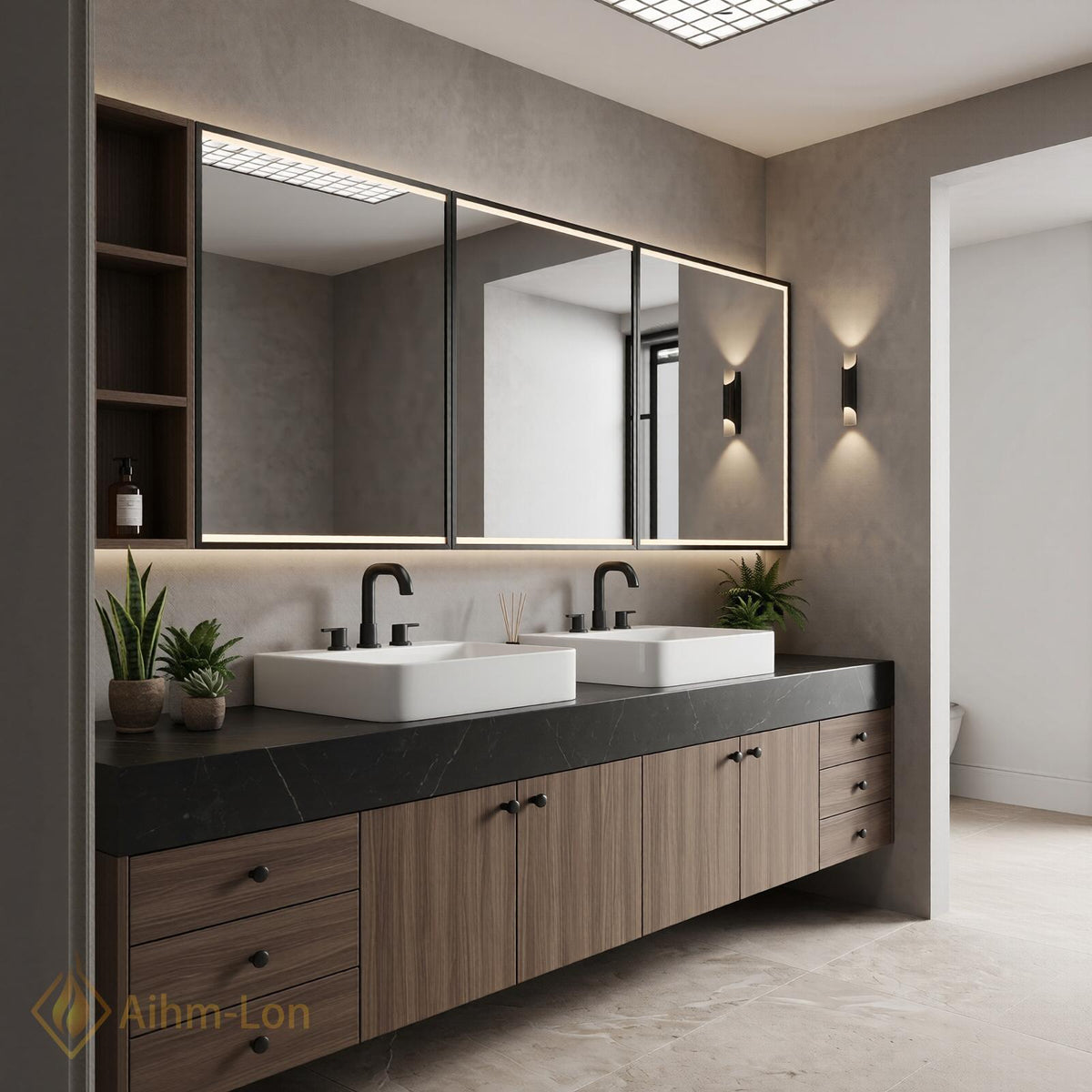 60''-96'' Double Bathroom Vanity with Sink Floating Dark Stone Top Wood Cabinet